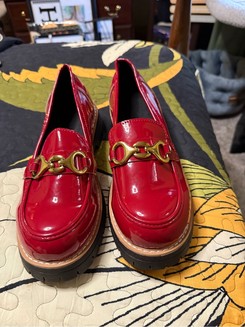 Patent Red Chunky Loafers with Gold Chain Accent